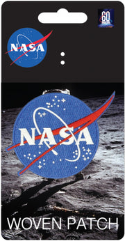 Blue NASA logo on patch attached to black and white card backer.